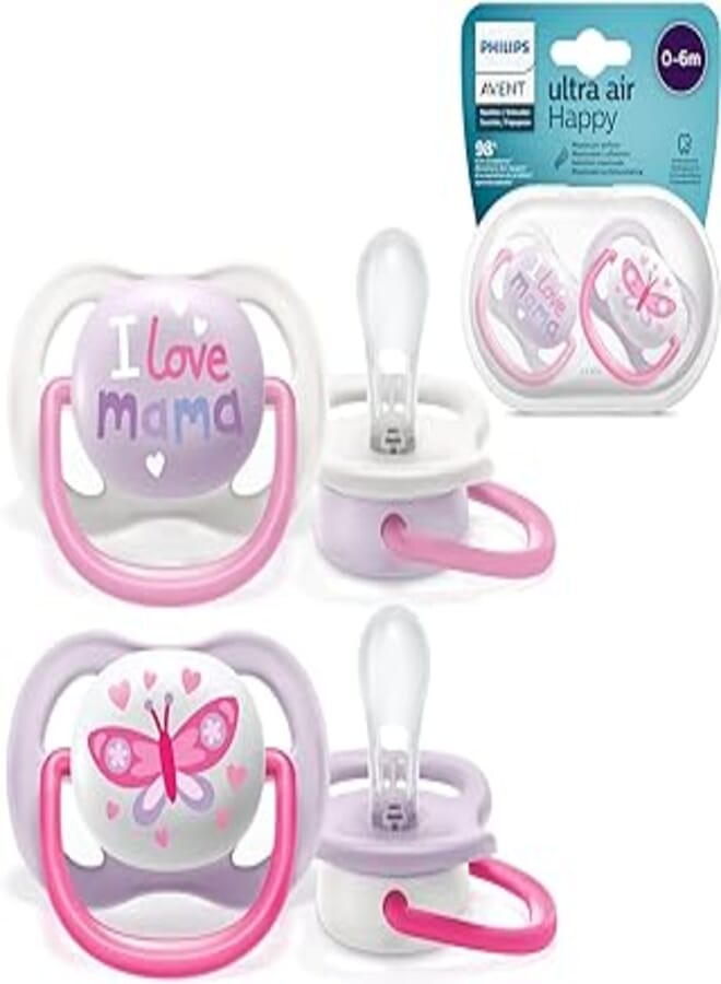 Philips Philips Avent Ultra Air Pacifier, for 0-6m, Orthodontic & BPA-, 2 pcs, Including Sterilizer/Carrying Case, SCF080/02, Pink and Purple 
