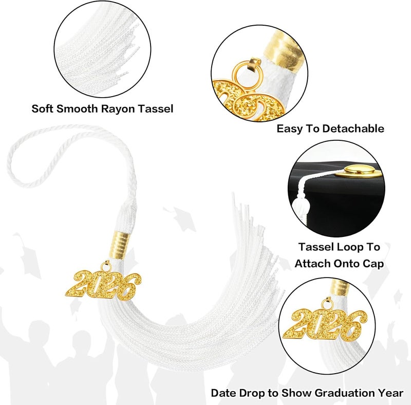 RHOttbiy 2026 Graduation Tassel, 2026 Tassel Graduation, 2026 Tassels for Graduations Cap with 2026 Year Gold Charms for Graduate Cap, White Graduations Tassels for Class of 2026 Grad Ceremonies Accessories - Image 4