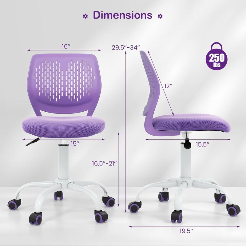 Giantex Kids Desk Chair, Adjustable Children Study Chair, Swivel Armless Mesh Task Office Chair, Computer Desk Chair with Adjustable Height & Lumbar Support (Purple) - Image 3