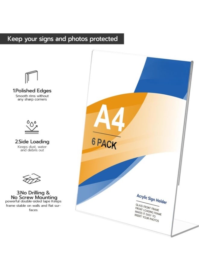 Slasa Acrylic Sign Holder A4 – 6 Pack Transparent L-Shape Display Stand for Menus, Flyers, Photos & Price Cards – Clear Table Sign Holder for Reception, Office, Shop, Restaurant & Hotel – 8.27x11.69 Inch - Image 3