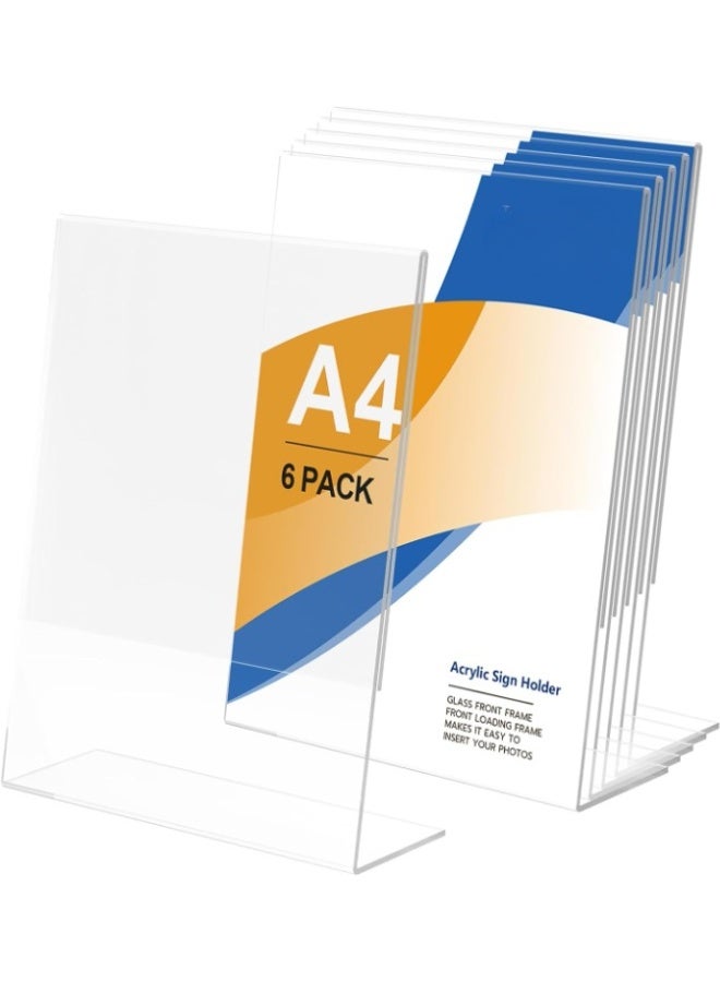 Slasa Acrylic Sign Holder A4 – 6 Pack Transparent L-Shape Display Stand for Menus, Flyers, Photos & Price Cards – Clear Table Sign Holder for Reception, Office, Shop, Restaurant & Hotel – 8.27x11.69 Inch - Image 1