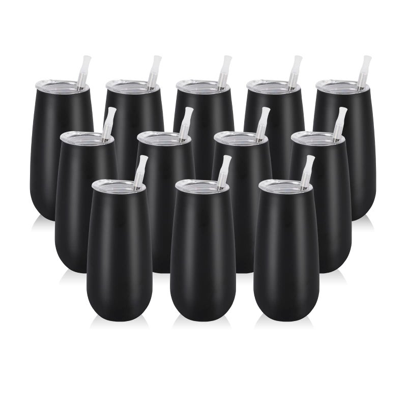 12 Pack Stemless Insulated Flute Glasses 6 Oz Unbreakable Champagne Tumblers for Friends Birthday Christmas Wedding Black