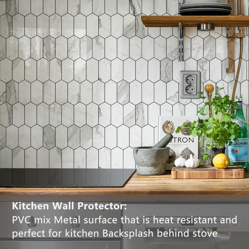 Vamos Tile Long Hexagon Peel and Stick Backsplash Tile - 10 Sheets Stick on Backsplash for Kitchen and Bathroom 12.4 x 12 Inch Glossy Carrara White PVC Self Adhesive Mosaic Wall Tiles - Image 2