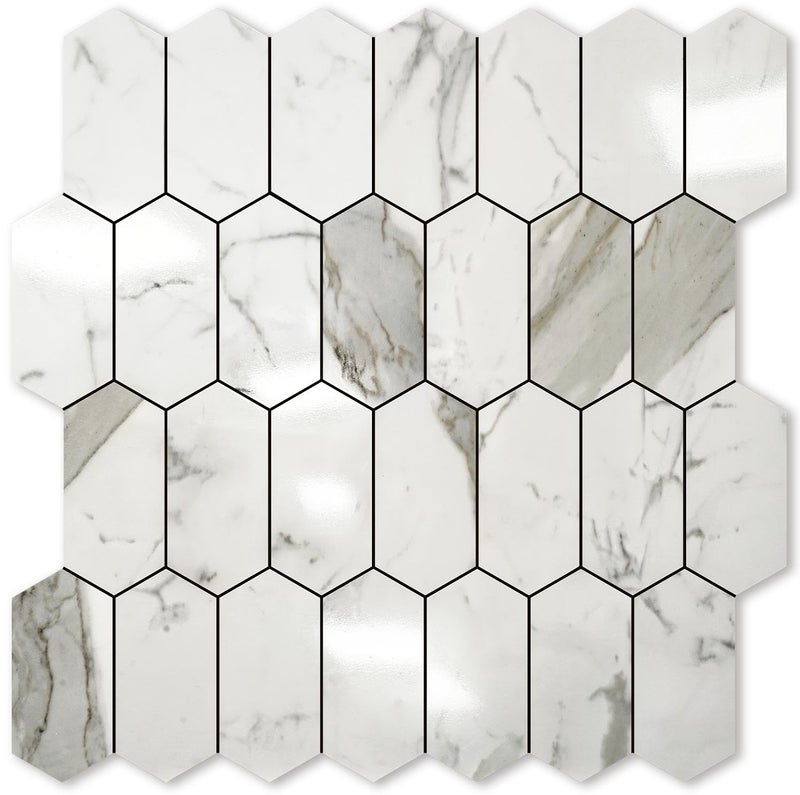 Vamos Tile Long Hexagon Peel and Stick Backsplash Tile - 10 Sheets Stick on Backsplash for Kitchen and Bathroom 12.4 x 12 Inch Glossy Carrara White PVC Self Adhesive Mosaic Wall Tiles - Image 1