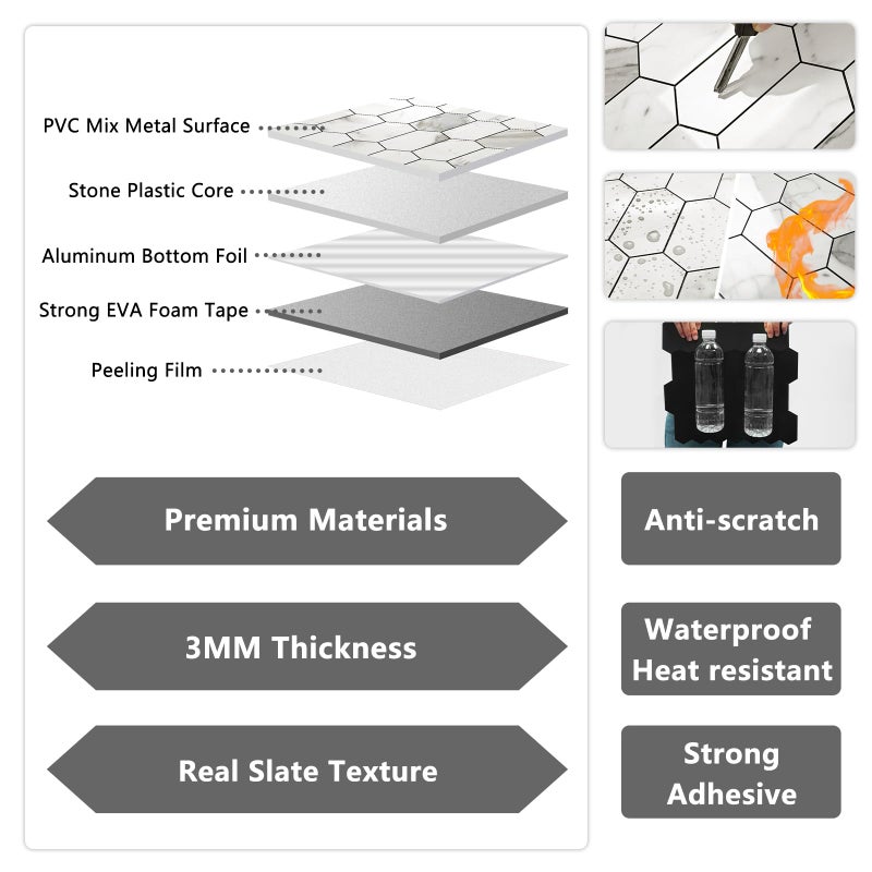 Vamos Tile Long Hexagon Peel and Stick Backsplash Tile - 10 Sheets Stick on Backsplash for Kitchen and Bathroom 12.4 x 12 Inch Glossy Carrara White PVC Self Adhesive Mosaic Wall Tiles - Image 3