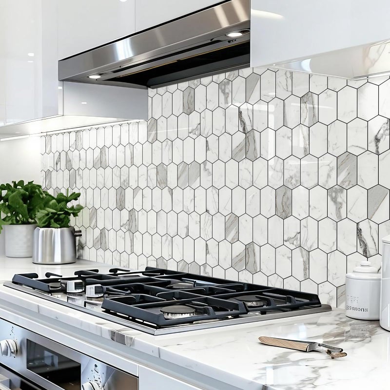 Vamos Tile Long Hexagon Peel and Stick Backsplash Tile - 10 Sheets Stick on Backsplash for Kitchen and Bathroom 12.4 x 12 Inch Glossy Carrara White PVC Self Adhesive Mosaic Wall Tiles - Image 5