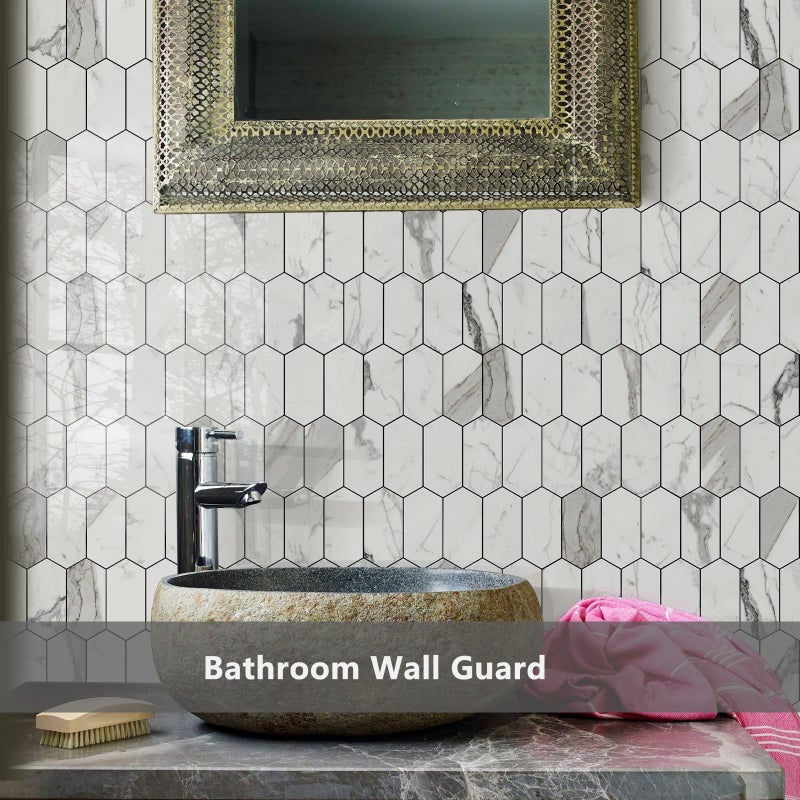 Vamos Tile Long Hexagon Peel and Stick Backsplash Tile - 10 Sheets Stick on Backsplash for Kitchen and Bathroom 12.4 x 12 Inch Glossy Carrara White PVC Self Adhesive Mosaic Wall Tiles - Image 4