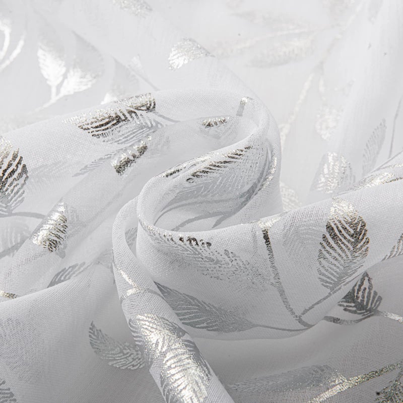 Deeprove Sheer Curtains 84 Inches Long 2 Panels, Sparkle Foil Metallic Vine Leaves Print Window Treatments for Bedroom Kitchen Living Room Privacy Drapes Rod Pocket 52" W x 84" L, White Silver - Image 4