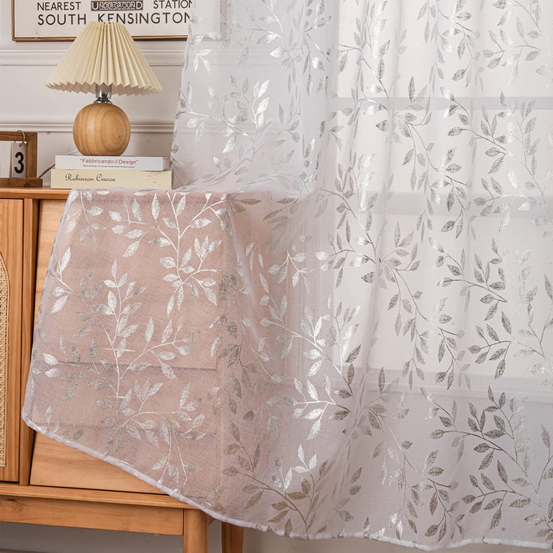 Deeprove Sheer Curtains 84 Inches Long 2 Panels, Sparkle Foil Metallic Vine Leaves Print Window Treatments for Bedroom Kitchen Living Room Privacy Drapes Rod Pocket 52" W x 84" L, White Silver - Image 2