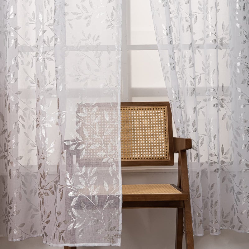 Deeprove Sheer Curtains 84 Inches Long 2 Panels, Sparkle Foil Metallic Vine Leaves Print Window Treatments for Bedroom Kitchen Living Room Privacy Drapes Rod Pocket 52" W x 84" L, White Silver - Image 1