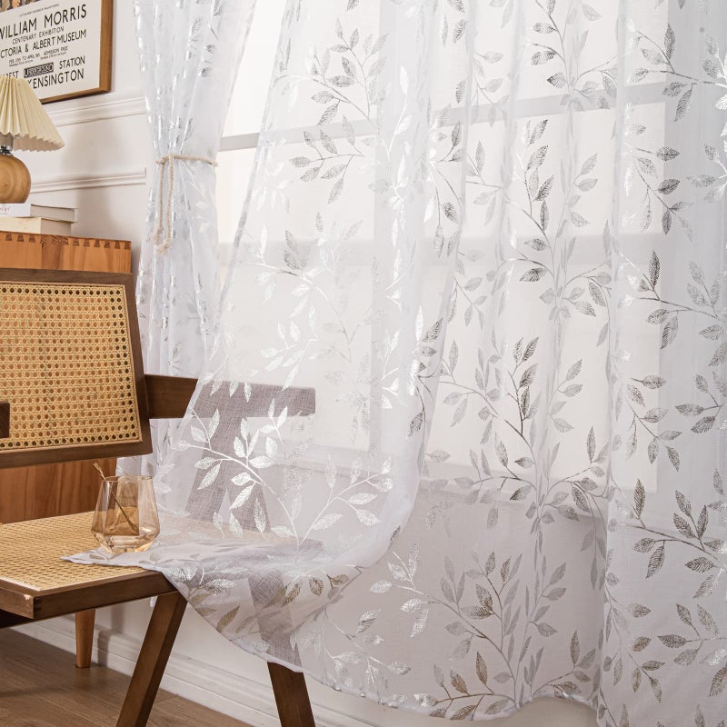 Deeprove Sheer Curtains 84 Inches Long 2 Panels, Sparkle Foil Metallic Vine Leaves Print Window Treatments for Bedroom Kitchen Living Room Privacy Drapes Rod Pocket 52" W x 84" L, White Silver - Image 5