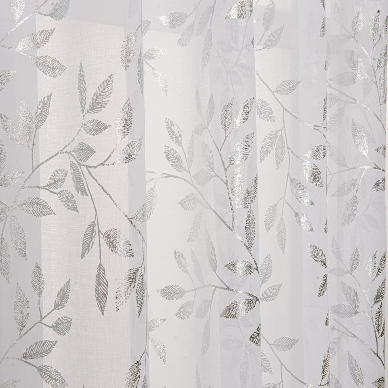 Deeprove Sheer Curtains 84 Inches Long 2 Panels, Sparkle Foil Metallic Vine Leaves Print Window Treatments for Bedroom Kitchen Living Room Privacy Drapes Rod Pocket 52" W x 84" L, White Silver - Image 3
