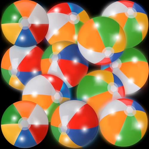 MiniInflat 12 Pcs Light up Beach Balls 16 Jumbo Pool LED Balls Glow in The Dark Neon Giant Inflatable for Summer Hawaiian Tropical Theme Beach Party Decor Water Accessory Rainbow - Image 1