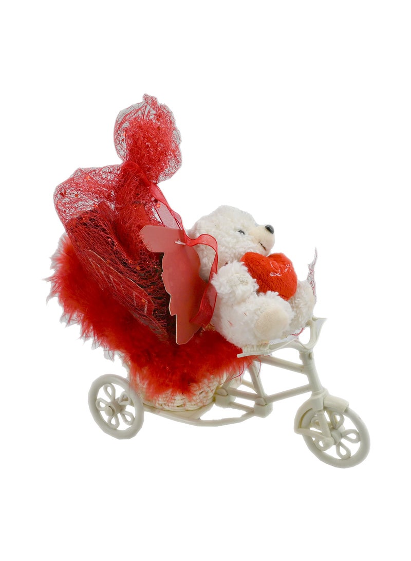 لعبة هدية على شكل دب تحمل قلبًا، هدايا لها، دراجة ثلاثية العجلات مع زهرتين وصندوق هدايا دمية دب، دمية دب بيضاء تحمل قلبًا ووردتين صناعيتين أحمرتين - صندوق هدايا مكون من 4 قطع