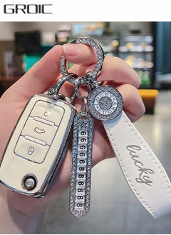 GROIC Crystal Car Key Fob Cover Chains for Volkswagen Models, Bling Car Smart Key Fob Keyless Entry Remote for Ladies Women With Contact Information and Hand Rope  - Image 1