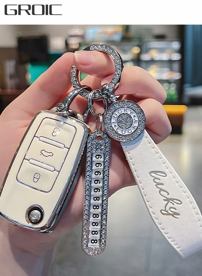 GROIC Crystal Car Key Fob Cover Chains for Volkswagen Models, Bling Car Smart Key Fob Keyless Entry Remote for Ladies Women With Contact Information and Hand Rope - Image 1