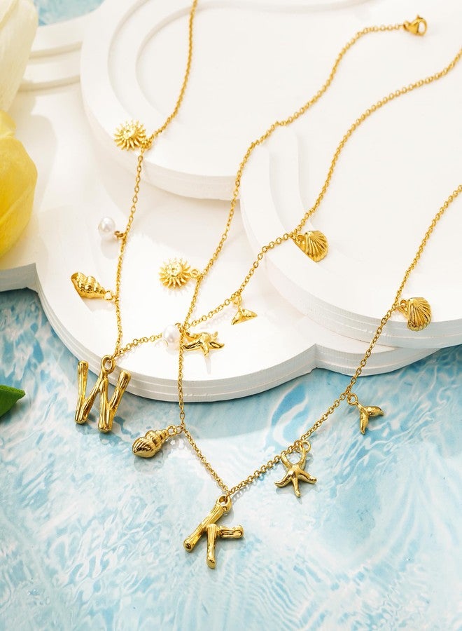 SLOONG Initial Charm Necklace 14K Gold Plated Letter Neckalce Freshwater Pearl Necklace Choker Boho Summer Seashell Beach Starfish Surfer Jewelry Gifts for Women A - Image 5
