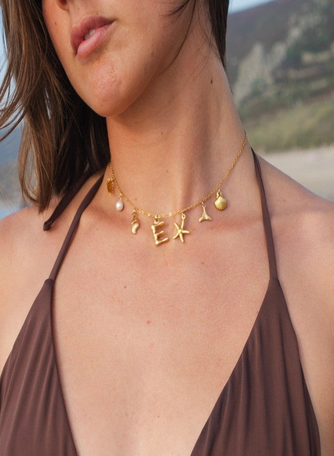 SLOONG Initial Charm Necklace 14K Gold Plated Letter Neckalce Freshwater Pearl Necklace Choker Boho Summer Seashell Beach Starfish Surfer Jewelry Gifts for Women A - Image 3