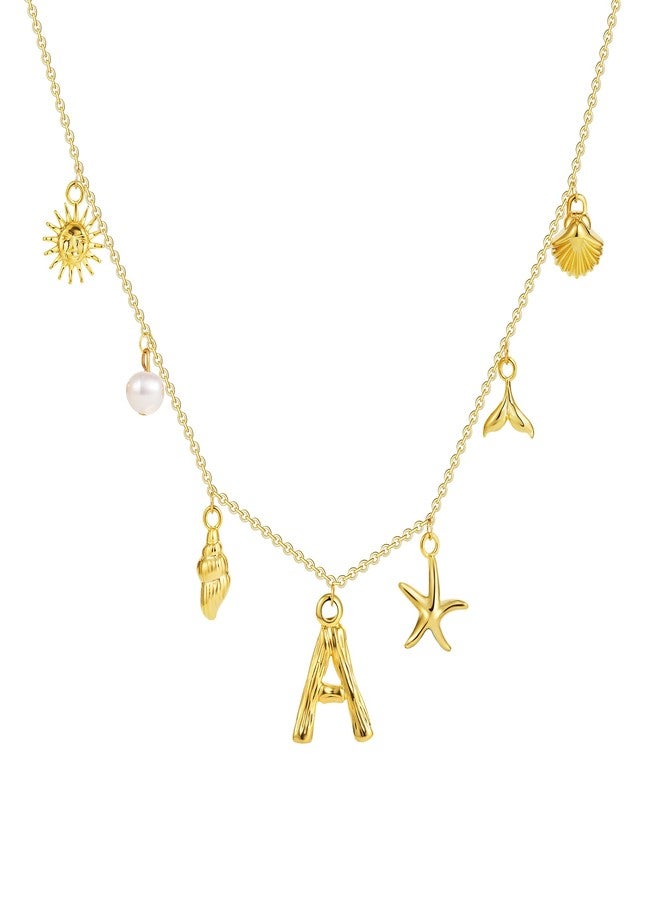 SLOONG Initial Charm Necklace 14K Gold Plated Letter Neckalce Freshwater Pearl Necklace Choker Boho Summer Seashell Beach Starfish Surfer Jewelry Gifts for Women A - Image 2