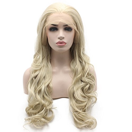 iwonawig Iewig Long Ash Blond Wavy Wig Synthetic Lace Front Hand Tied Natural Looking Wig Daily Use - Image 2