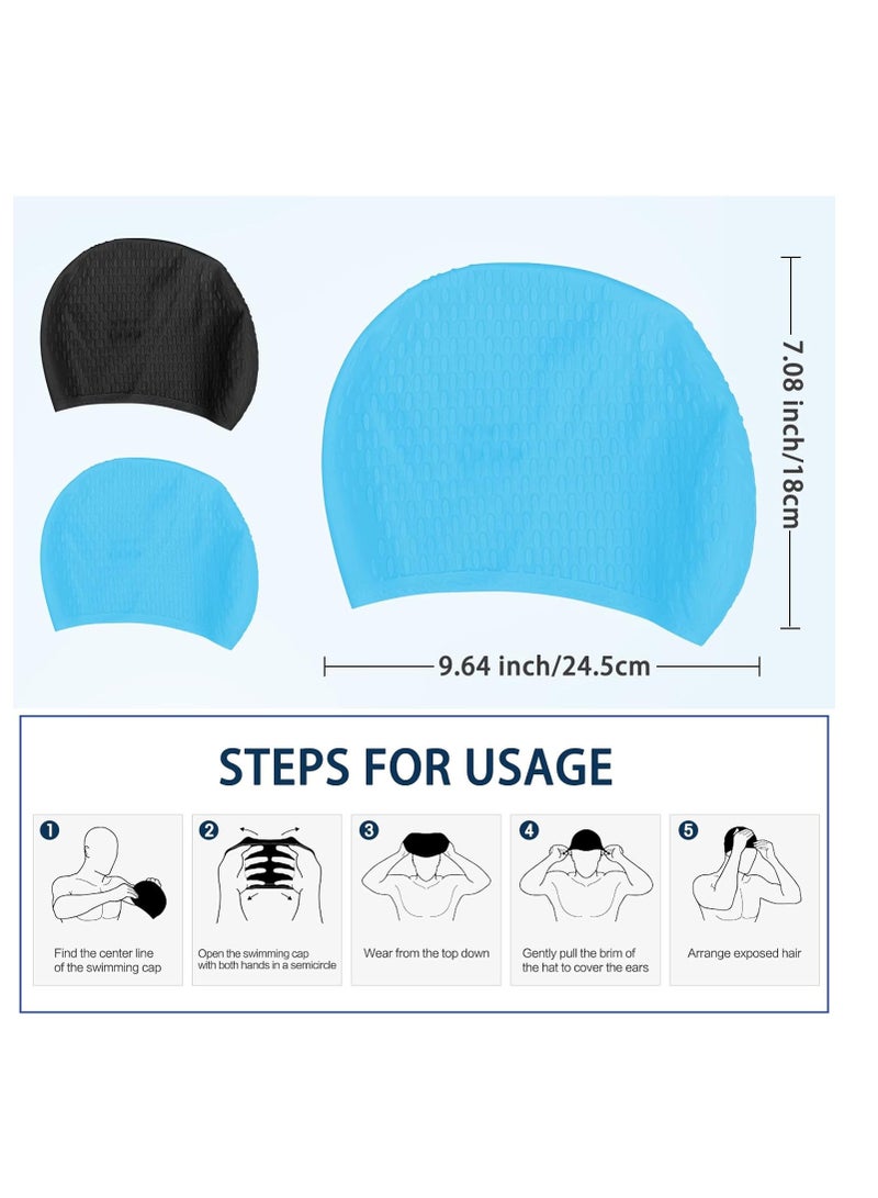 SYOSI Swim Cap 2 Pack - Unisex Silicone Swimming Caps for Men, Women, Adults, and Kids - Durable, Flexible, and Waterproof Bathing Caps for Long and Short Hair(Blue,Black) - Image 2