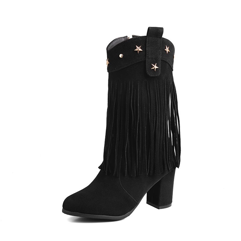 2024 Foreign Single Fashion High-Heeled Tassel Boots 33-52 Oversized Small Size Rivet Middle Boots Women - Image 1