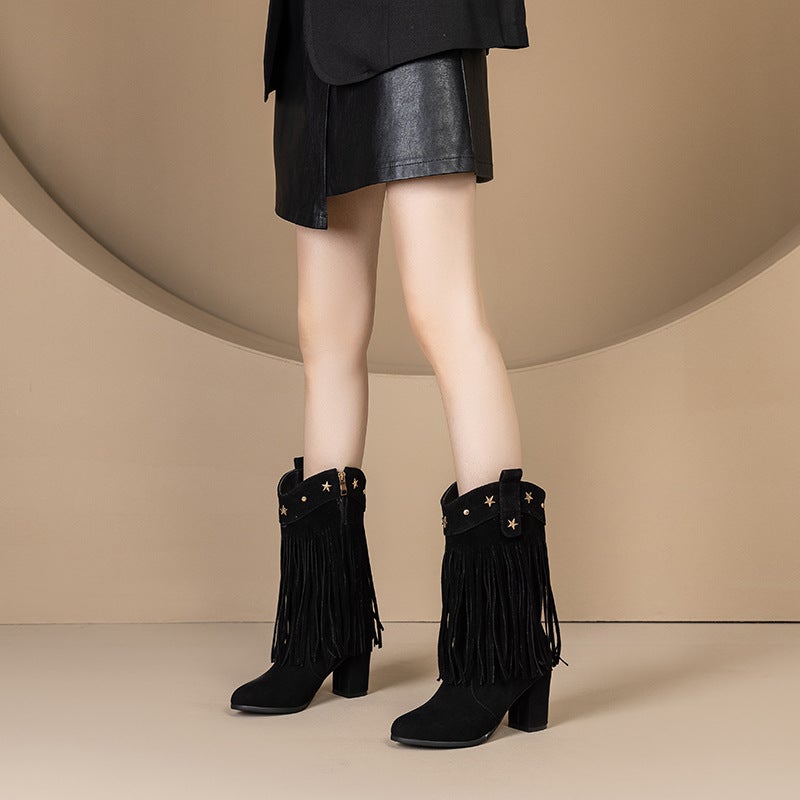2024 Foreign Single Fashion High-Heeled Tassel Boots 33-52 Oversized Small Size Rivet Middle Boots Women - Image 3