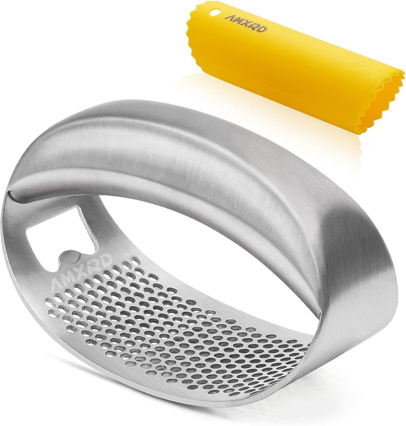AMXRD Garlic Press Rocker & Silicone Peeler, Stainless Steel Garlic Mincer Crusher Squeezer Kitchen Tool - Image 1