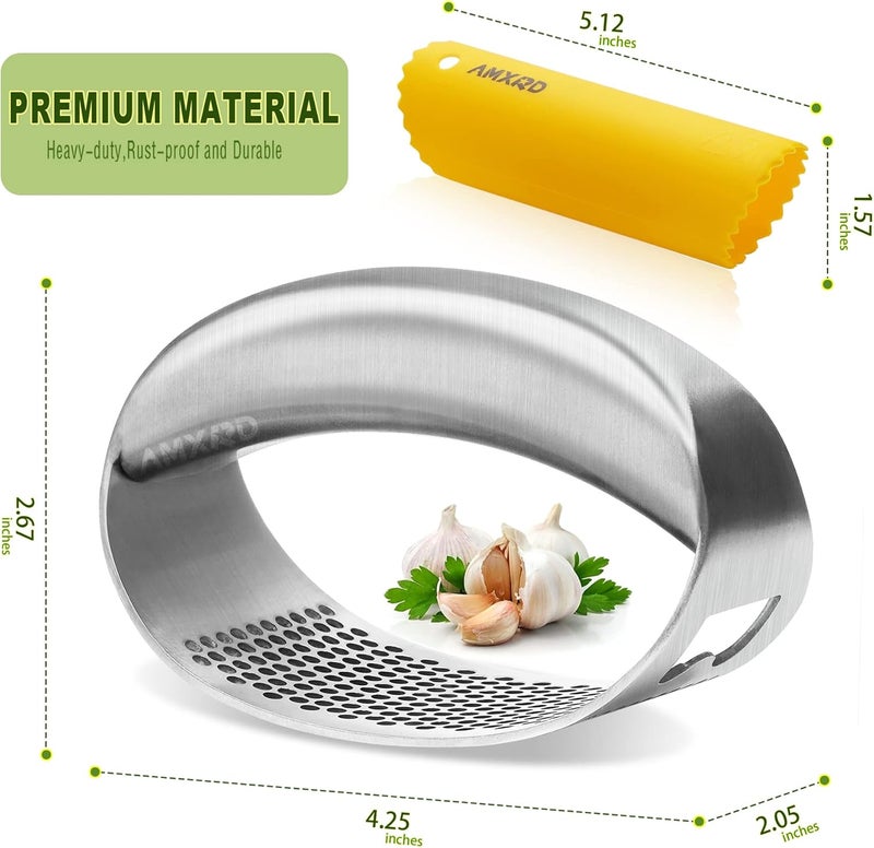 AMXRD Garlic Press Rocker & Silicone Peeler, Stainless Steel Garlic Mincer Crusher Squeezer Kitchen Tool - Image 2