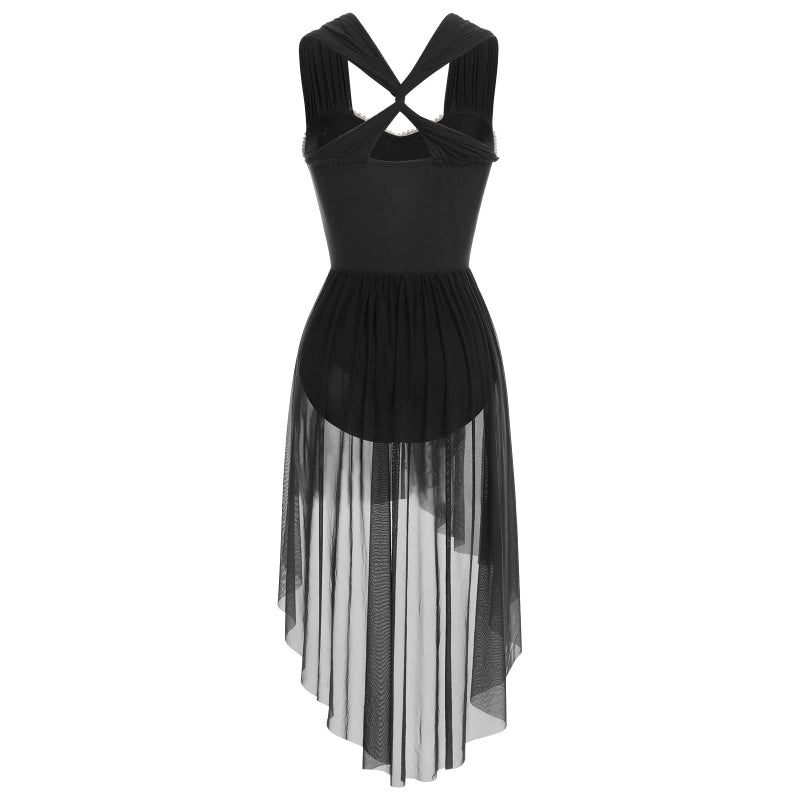 AFAVOM Sequin Flower Lyrical Dance Dress for Women Adult Contemporary Dance Costume Halter Backless Cross Straps Leotard with High Low Flowy Mesh Skirt Lyrical Dancewear Ballet Outfit Black S - Image 4