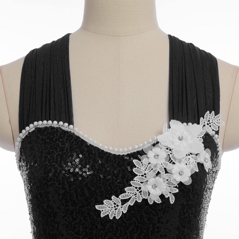 AFAVOM Sequin Flower Lyrical Dance Dress for Women Adult Contemporary Dance Costume Halter Backless Cross Straps Leotard with High Low Flowy Mesh Skirt Lyrical Dancewear Ballet Outfit Black S - Image 2