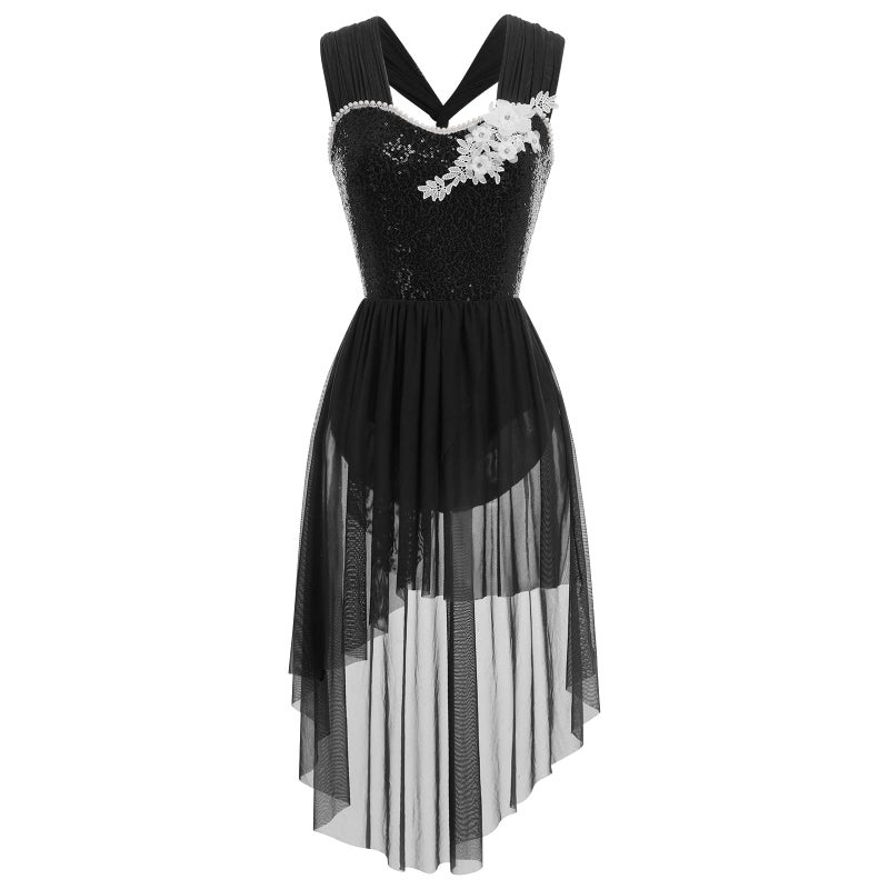 AFAVOM Sequin Flower Lyrical Dance Dress for Women Adult Contemporary Dance Costume Halter Backless Cross Straps Leotard with High Low Flowy Mesh Skirt Lyrical Dancewear Ballet Outfit Black S - Image 1