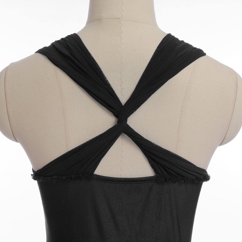AFAVOM Sequin Flower Lyrical Dance Dress for Women Adult Contemporary Dance Costume Halter Backless Cross Straps Leotard with High Low Flowy Mesh Skirt Lyrical Dancewear Ballet Outfit Black S - Image 5