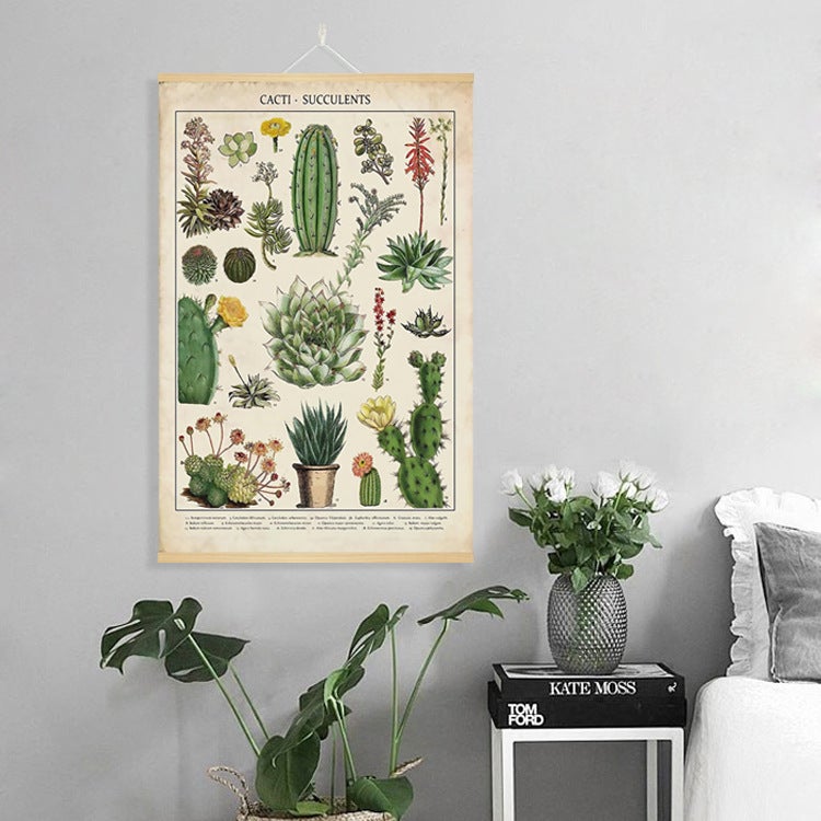 Retro Cactus Plant Picture Book Hanging Axle Painting Living Room Roll Painting Hallway Hanging Painting Decorative Painting Sale - Image 5