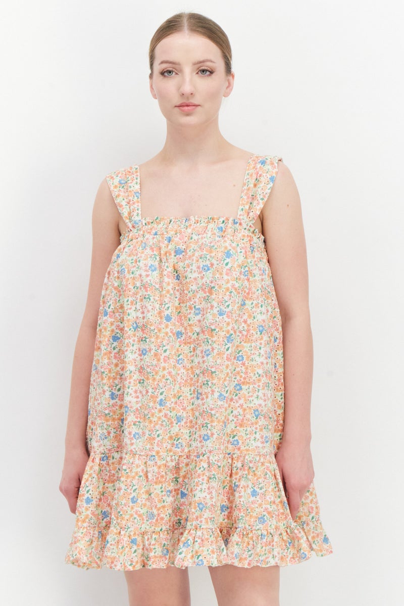 Aqua Women Printed Eyelet Sleeveless Mini Dress, Orange Combo - Image 1