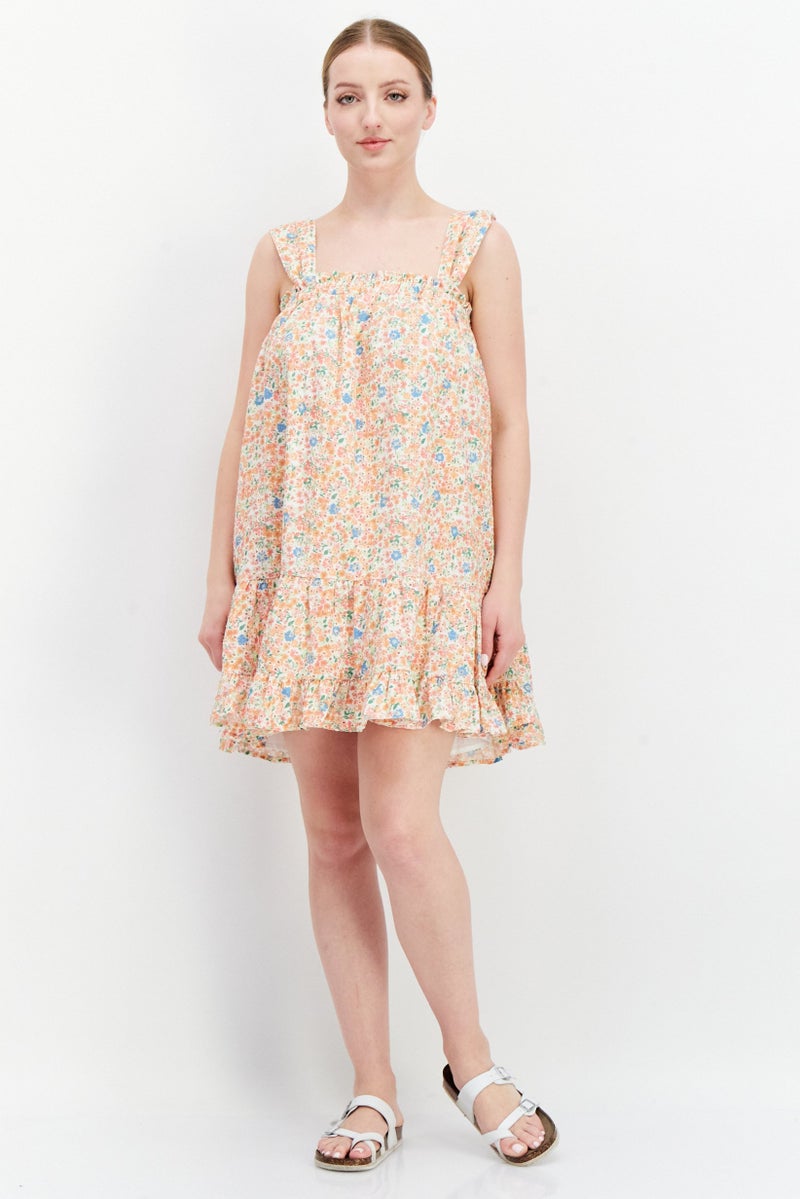 Aqua Women Printed Eyelet Sleeveless Mini Dress, Orange Combo - Image 3