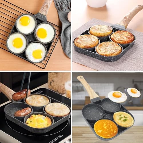 MOKRUSH 4-Hole Non-Stick Egg Frying Pan with Detachable Wooden Handle - Multi-Purpose Pan for Omelets, Burgers, Poached Eggs, Pancakes, Crepes Breakfast cookware (Multicolor - Egg Frying Pen) - Image 3
