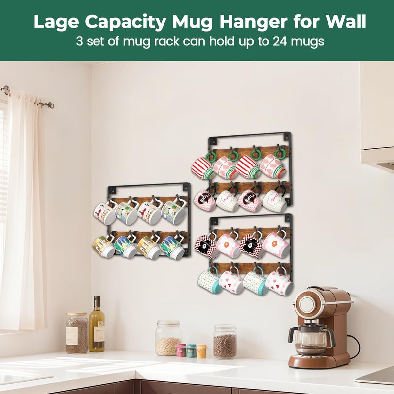 EsLuker.ly Mug Holder Hanger Rack Wall Mounted Wooden 3 Pack Coffee Cup Storage Organizer Display Shelf with 24 Movable Plastic Hooks, Ideal for Mug Collectors - Image 5