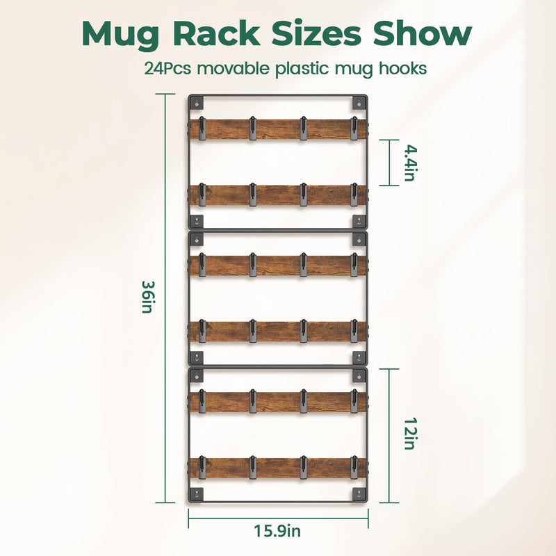 EsLuker.ly Mug Holder Hanger Rack Wall Mounted Wooden 3 Pack Coffee Cup Storage Organizer Display Shelf with 24 Movable Plastic Hooks, Ideal for Mug Collectors - Image 4