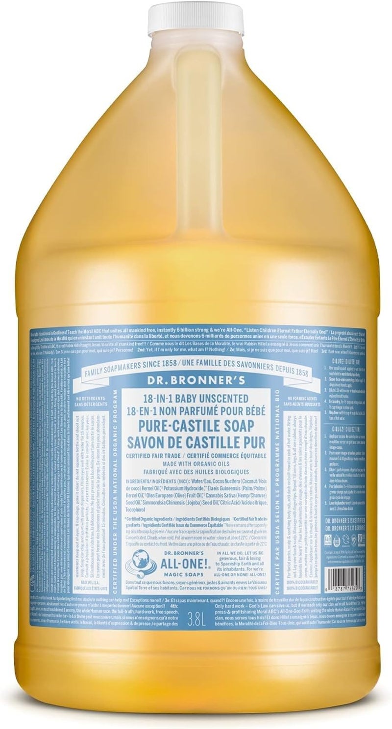 Dr. Bronner's Dr. Bronner’s - Pure-Castile Liquid Soap (Baby Unscented, 1 Gallon) - Made with Organic Oils, 18-in-1 Uses: Face, Hair, Laundry and Dishes, For Sensitive Skin and Babies, No Added Fragrance, Vegan - Image 1