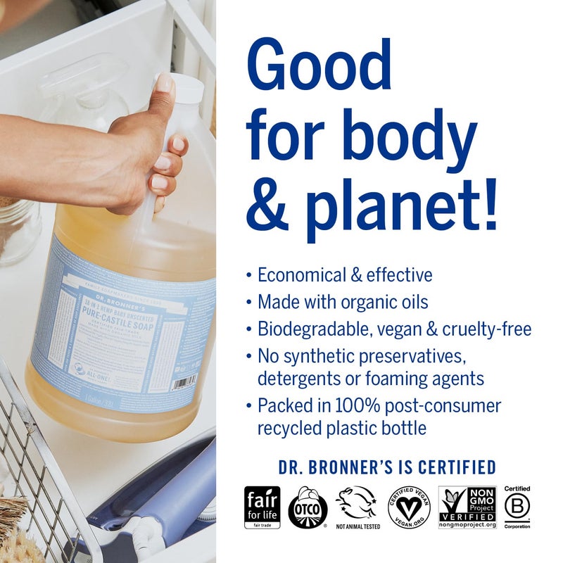 Dr. Bronner's Dr. Bronner’s - Pure-Castile Liquid Soap (Baby Unscented, 1 Gallon) - Made with Organic Oils, 18-in-1 Uses: Face, Hair, Laundry and Dishes, For Sensitive Skin and Babies, No Added Fragrance, Vegan - Image 3