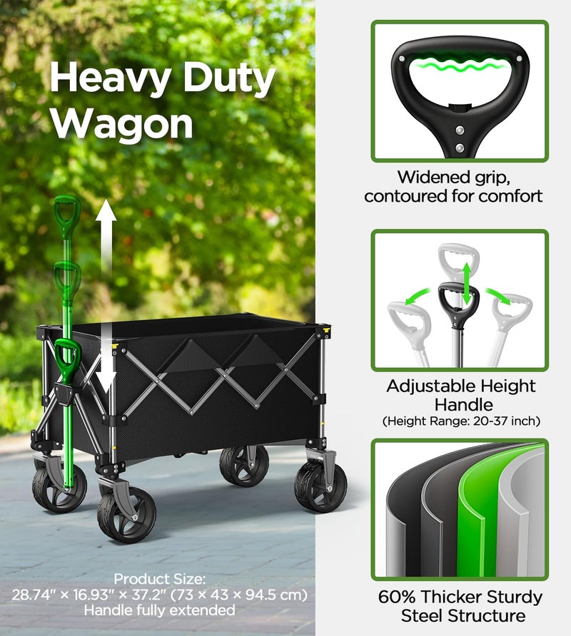 pikulLA Collapsible Folding Wagon Cart with Large Wheels & 150L Capacity | Heavy-Duty Foldable Utility Wagon for Groceries, Camping, Beach, Sports & Garden Use | Compact Storage, No-Tool Setup-Black - Image 4