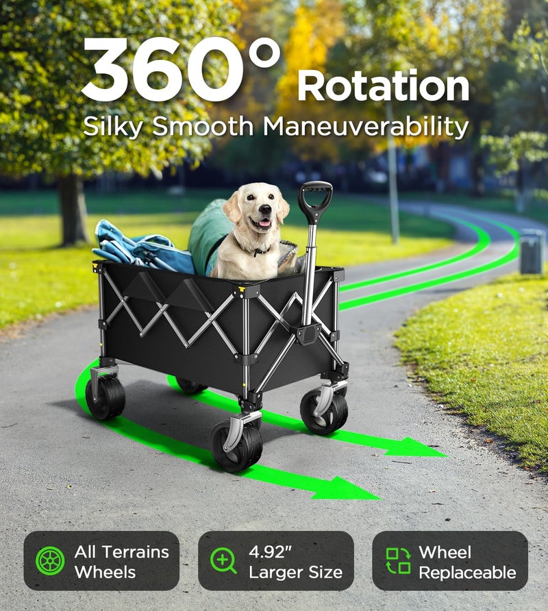 pikulLA Collapsible Folding Wagon Cart with Large Wheels & 150L Capacity | Heavy-Duty Foldable Utility Wagon for Groceries, Camping, Beach, Sports & Garden Use | Compact Storage, No-Tool Setup-Black - Image 2