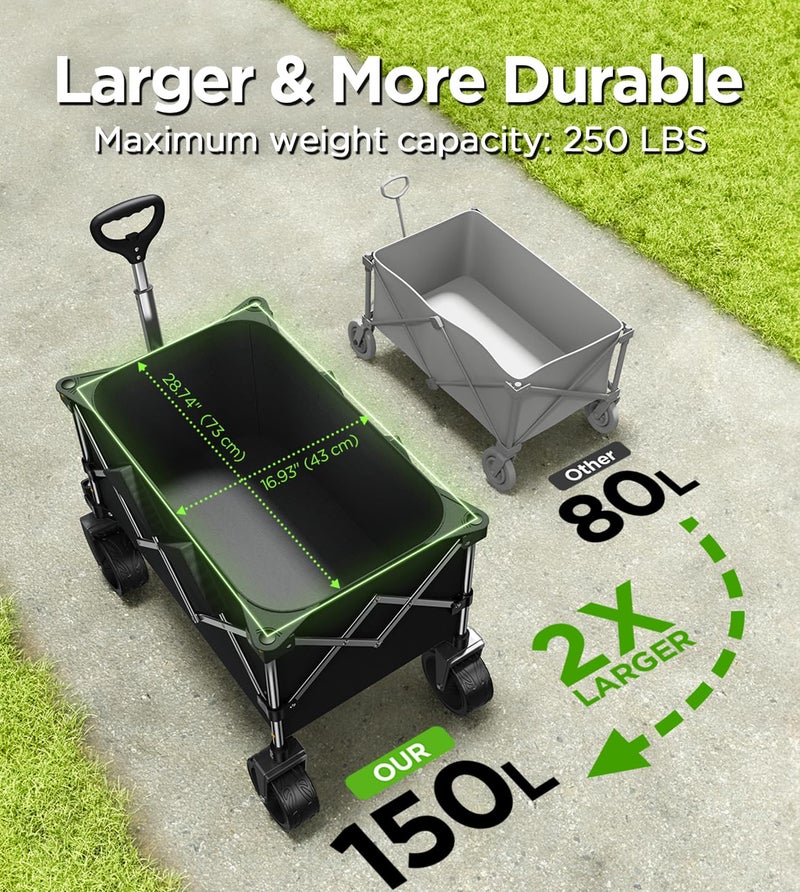 pikulLA Collapsible Folding Wagon Cart with Large Wheels & 150L Capacity | Heavy-Duty Foldable Utility Wagon for Groceries, Camping, Beach, Sports & Garden Use | Compact Storage, No-Tool Setup-Black - Image 3