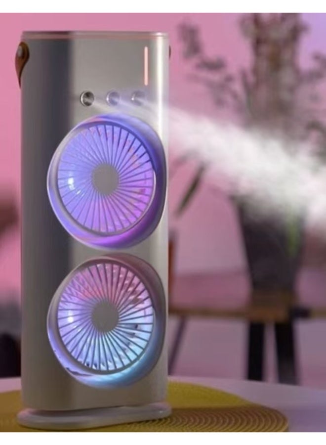 Dual-head desktop fan with mist and humidification function and remote control | Three independent speed settings, 7-color ambient lighting, and aromatherapy support | A perfect desktop cooling fan for home and office use - Image 1