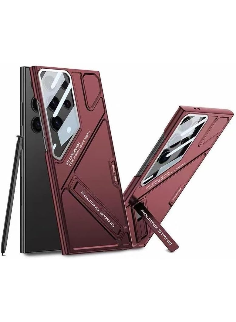 GKK for Samsung Galaxy S25 Ultra Case with Camera Lens Protection, Shockproof PC + PU Armor Cover, Built-in Kickstand, Mecha Style Anti-Scratch، Burgundy، Samsung Galaxy S25 Ultra