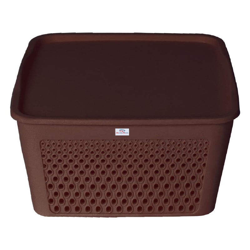 Kuber Industries Heart Home Netted Design Unbreakable Multipurpose Square Shape Plastic Storage Baskets with lid Small Pack of 2 (Brown)  - Image 2