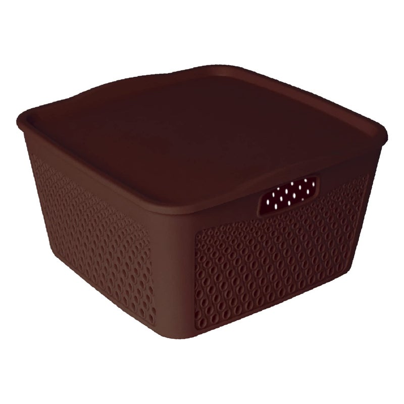 Kuber Industries Heart Home Netted Design Unbreakable Multipurpose Square Shape Plastic Storage Baskets with lid Small Pack of 2 (Brown)  - Image 3