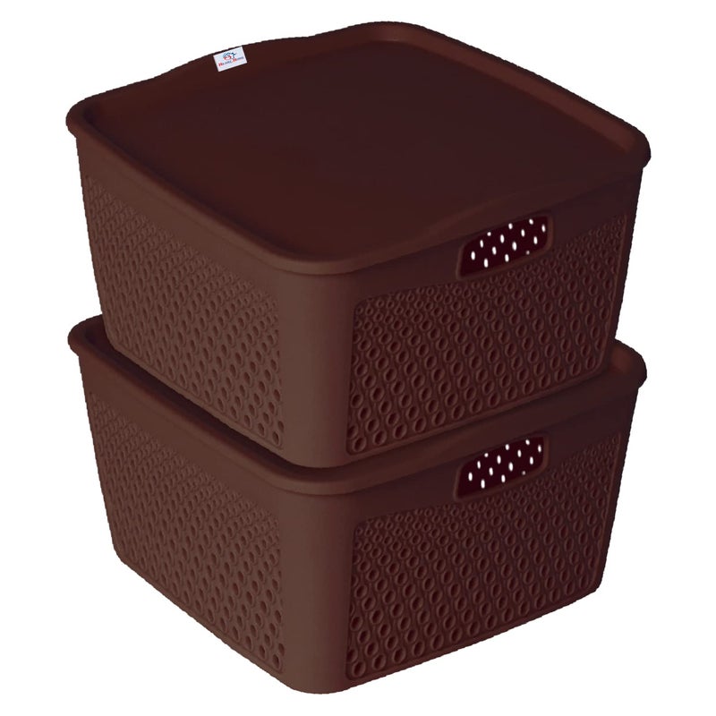 Kuber Industries Heart Home Netted Design Unbreakable Multipurpose Square Shape Plastic Storage Baskets with lid Small Pack of 2 (Brown)  - Image 1