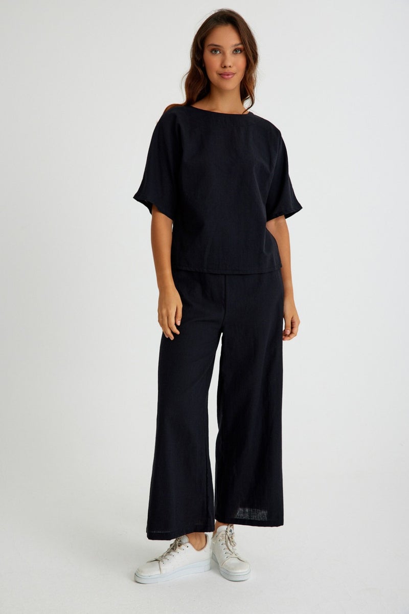 Barbora Linen Daily Comfortable Elastic Waist Women's Two Piece Set Bottom Top LN10BLACK5  - Image 2
